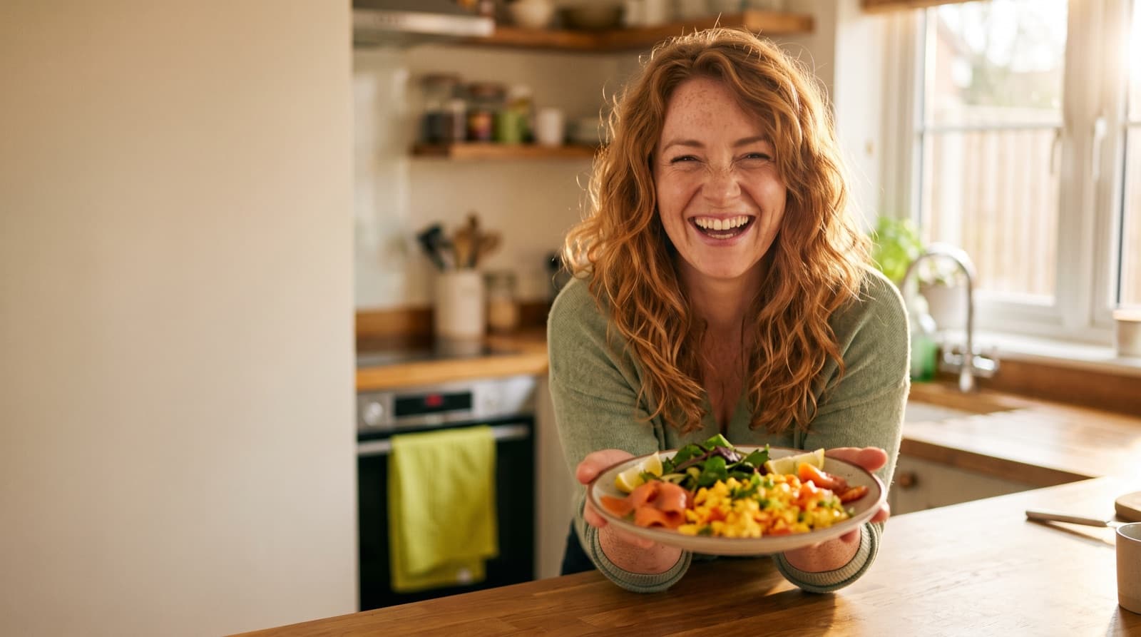 Vita, a friendly nutrition coach, offering a plate of fresh whole foods in a sunlit kitchen